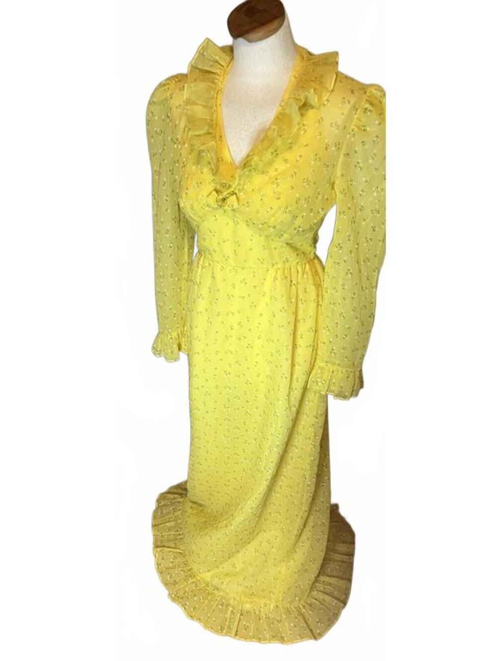 Vintage 60/70s Vibrant Yellow Green Flowers Lorrie Deb Halter 2-piece Gown Dress